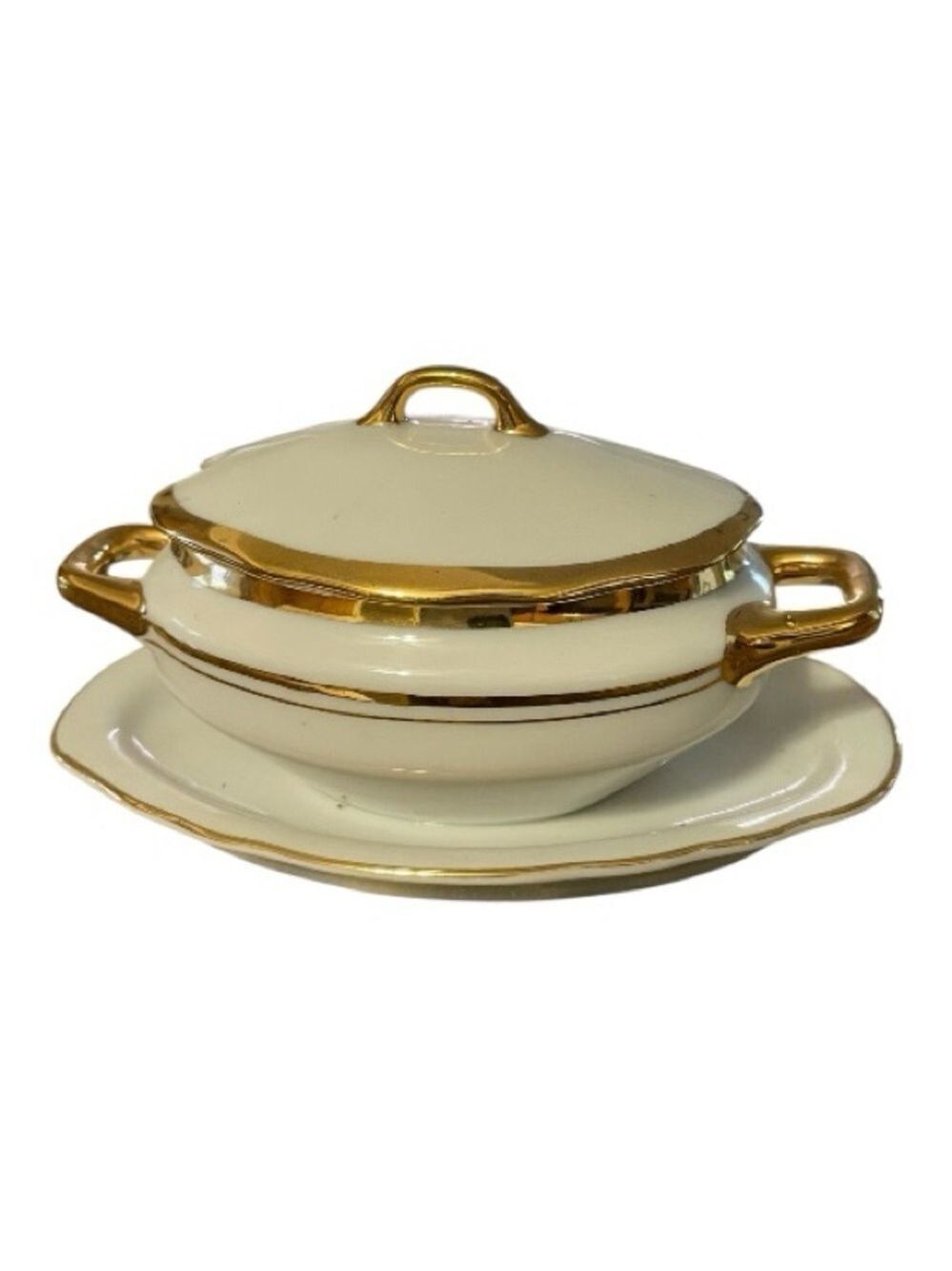 Vintage Porcelaine Empire Gold & Cream Sugar Bowl Set Lid & Attached Underplate.